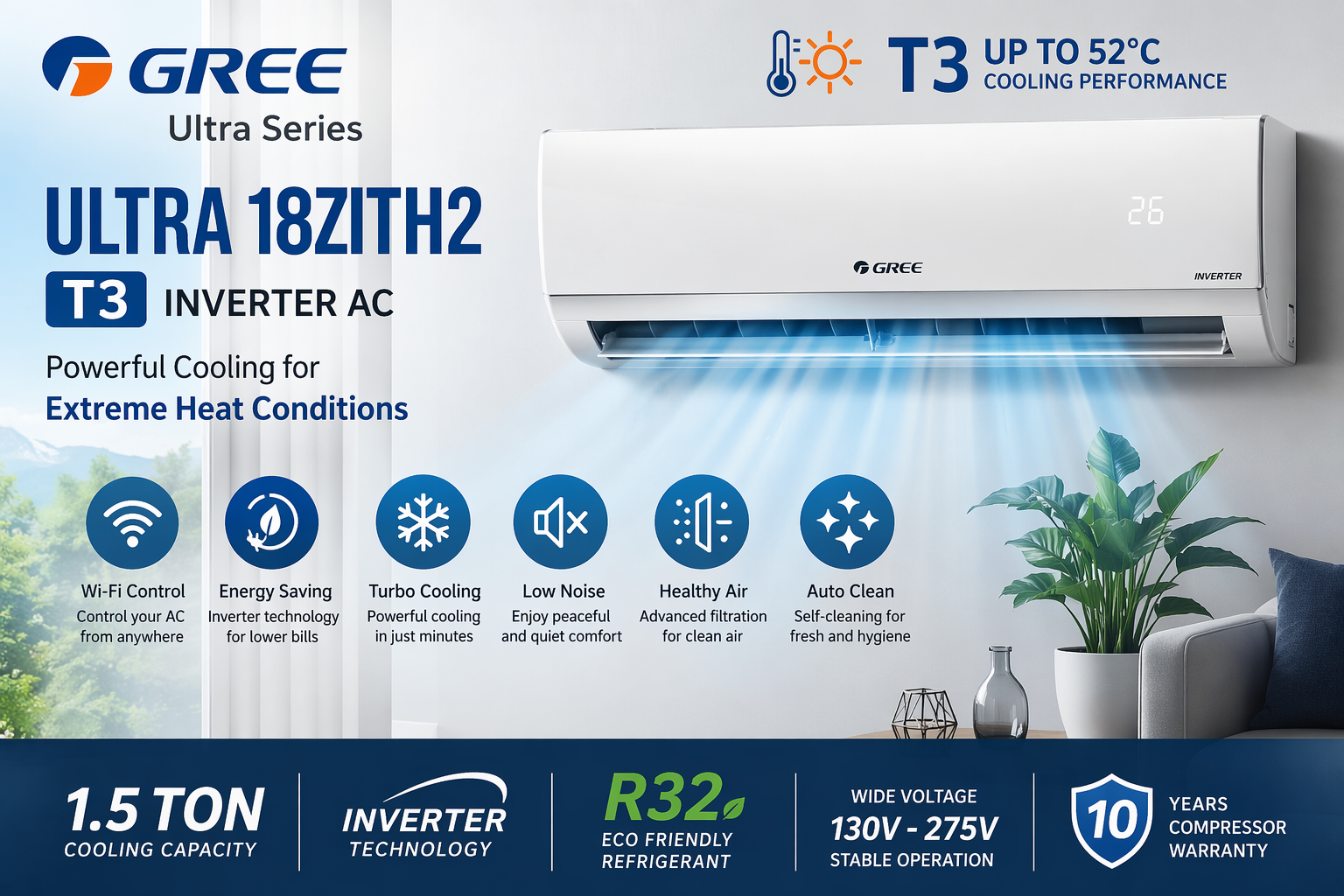 Gree Ultra 18ZITH2 T3 Inverter Air Conditioner – Powerful T3 Technology for Fast Cooling, Energy Efficiency, and Reliable Comfort in Extreme Heat Gree Ultra 18ZITH2 T3 wall mounted split inverter air conditioner with powerful cooling and energy efficient performance in modern home interior