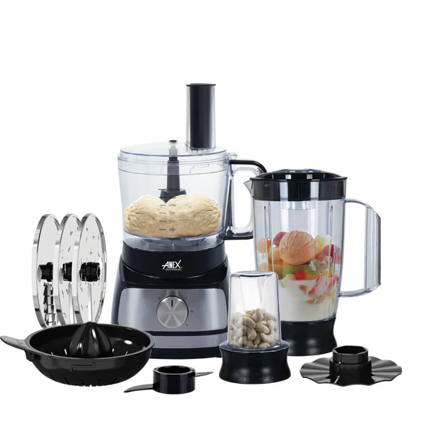 ANEX AG-3146 Deluxe Chopper & Blender – multifunctional food preparation with stainless steel accessories. ANEX AG-3146 Deluxe Chopper and Blender with copper motor and stainless steel accessories